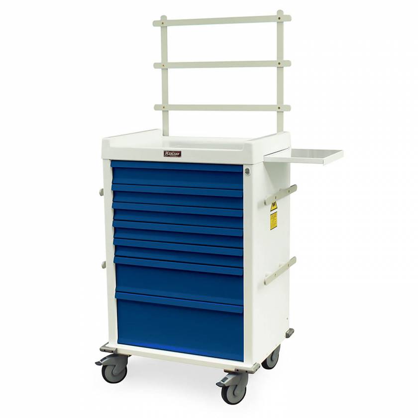 Harloff MR7K-MAN MR-Conditional Anesthesia Cart Seven Drawer with Key Lock, Accessory Package.  Color shown with White body and Navy drawers.