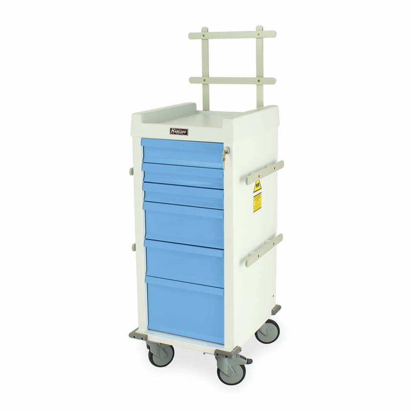 Harloff MRN6K-MAN Narrow Body MR-Conditional Anesthesia Cart Six Drawers with Key Lock, Accessory Package.  Color shown with White body and Light Blue drawers.