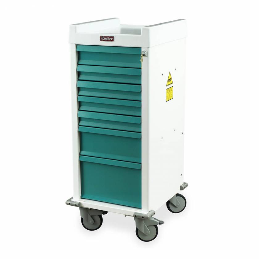 Harloff MRN7K Narrow Body MR-Conditional Anesthesia Cart Seven Drawers with Key Lock.  Color shown with White body and Teal drawers.