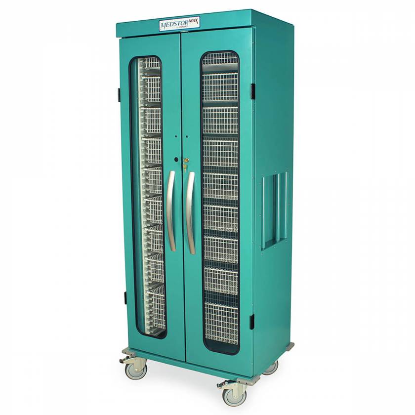 Harloff MSPM80-00GK MedStor Max Slimline Single Column Medical Storage Cart with Glass Doors, Key Lock, Teal (Shown with Wire Baskets, each sold separately)