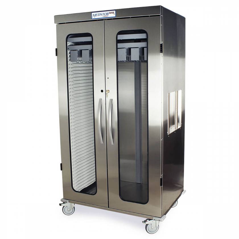 Harloff MSSM82-20GK MedStor Max Stainless Steel Double Wide Open Column Medical Storage Cabinet with Glass Doors, Key Lock.  Shown with Shel and  (1) MSCATH7-8 Catheter Slide Shelf, each sold separately.