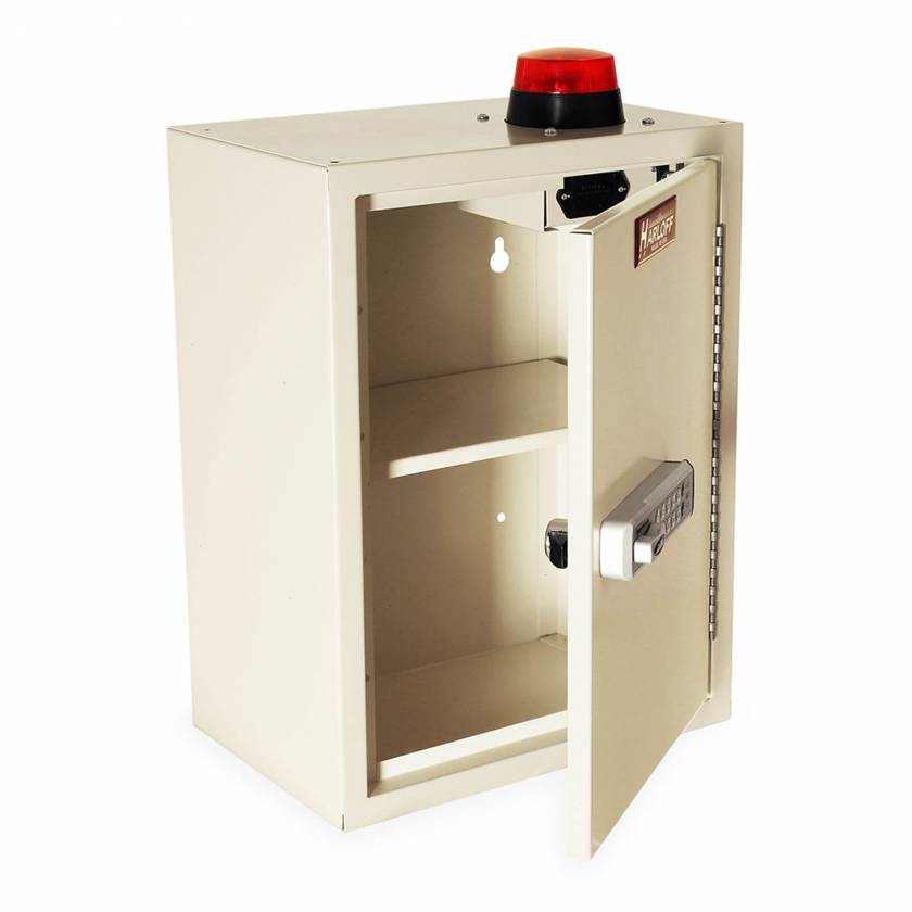 Harloff NC16C12-SE1-AVD Medium Narcotics Cabinet with Audio/Visual Alarm, Single Door with Single Electronic Pushbutton Lock, 16" H x 12" W x 8" D - Open Door