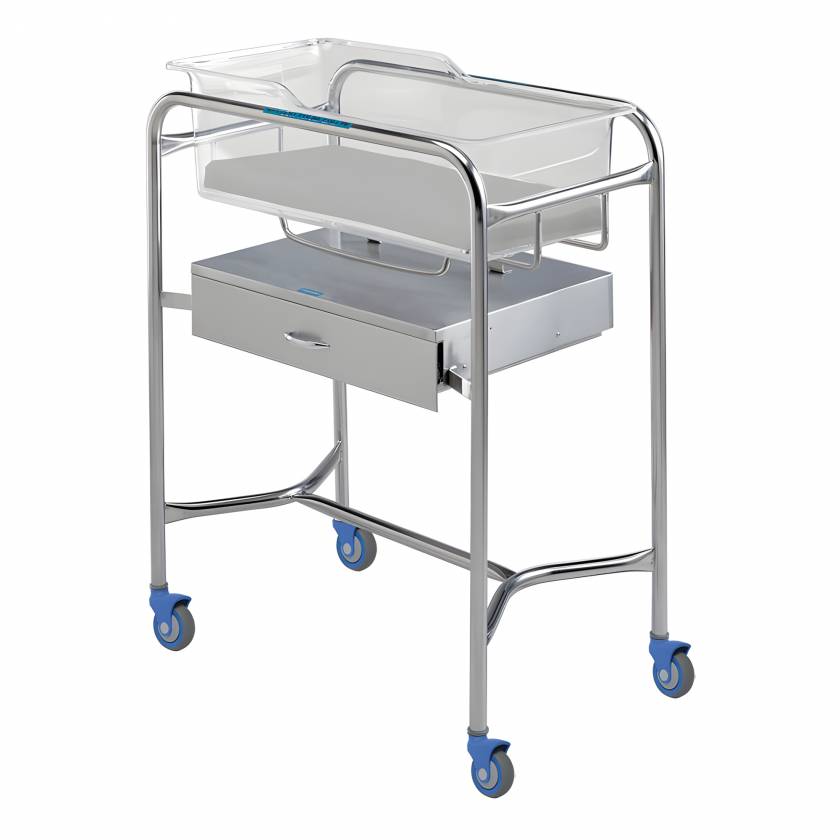 Pedigo P-1110-B-SS Stainless Steel Bassinet Stand With Side-Mounted Drawer (Shown with Optional Bassinet and Pad - Sold Separately)