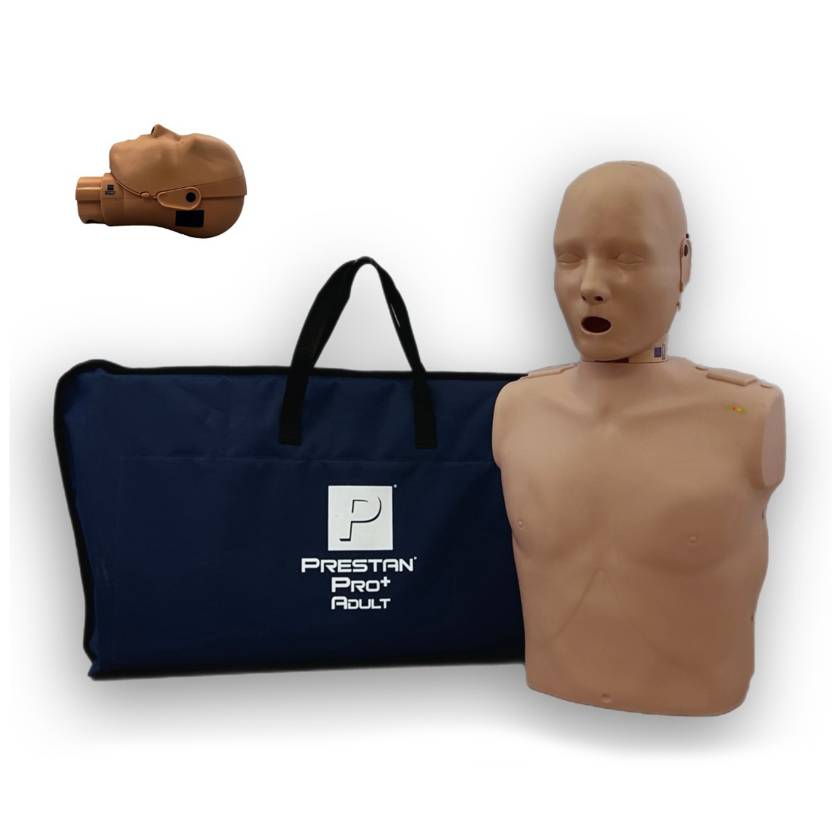 Prestan PP-AMP-100M-DS PRO+ Adult Manikin with CPR Feedback, Standard Face-Shield, Single Unit, Dark Skin Tone - Set with an Illustration of Head in Side View