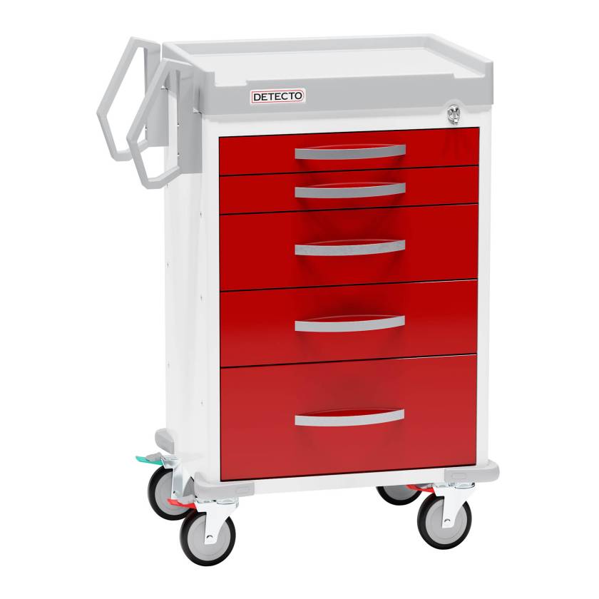 DETECTO RC33669RED Rescue Series ER Medical Cart - 5 Red Drawers (Ergonomic handles provide easy and controlled movement)