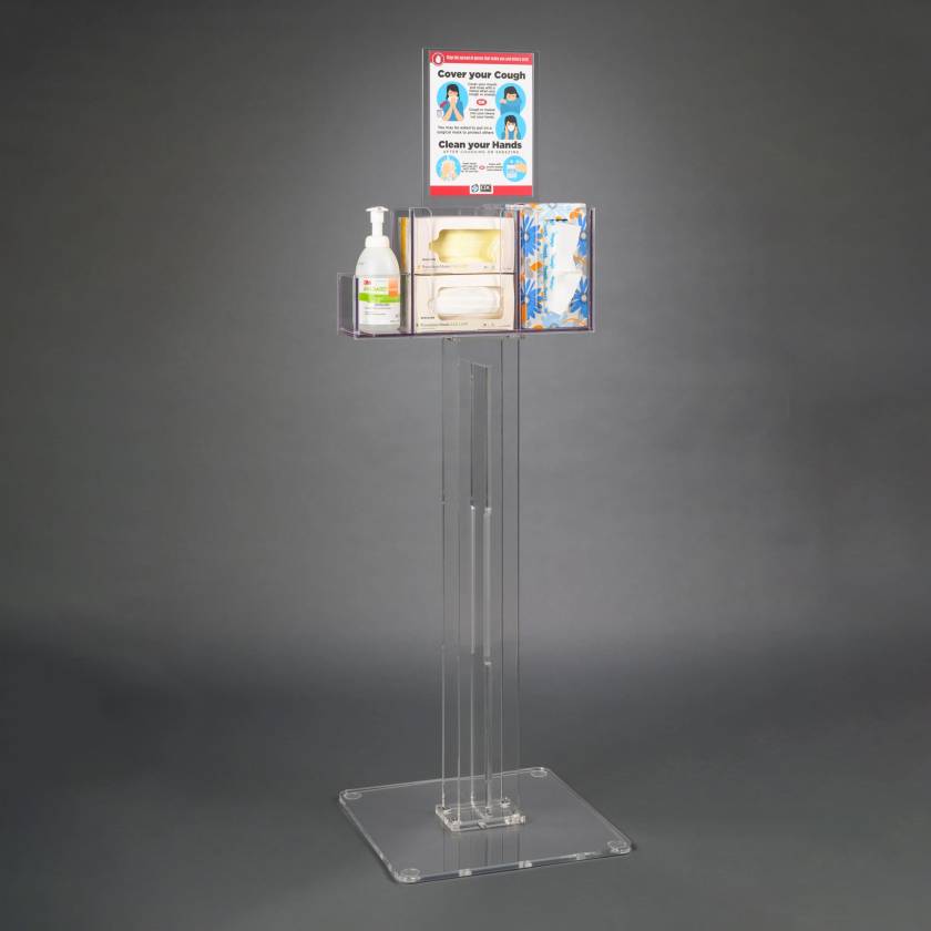 Poltex RESPI-S-DCL Respiratory Hygiene Station I, Acrylic Stand, With Decal Sign - Front View (Consumables Not Included)