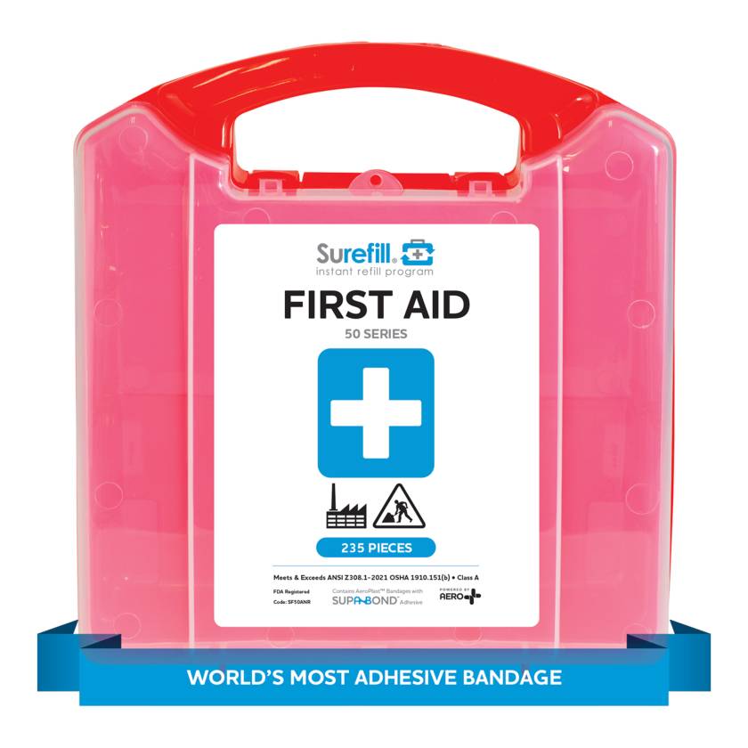 AERO Healthcare SF50ANR SureFill® 50 Series Class A First Aid Kit, Red Translucent Plastic Case - Front View
