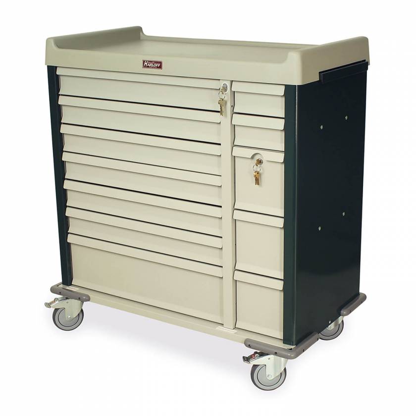 Harloff SL72MD Standard Line 72 Bin Multi-Dose Medication Cart with Key Locks - Shown in Forest Green Side Panels and Pull Out Side Shelf