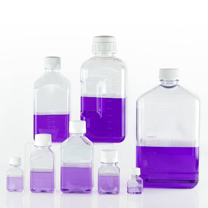 Nest Scientific PC Square Storage Bottle 30 mL - 5000 mL - Grouped with Purple Liquid