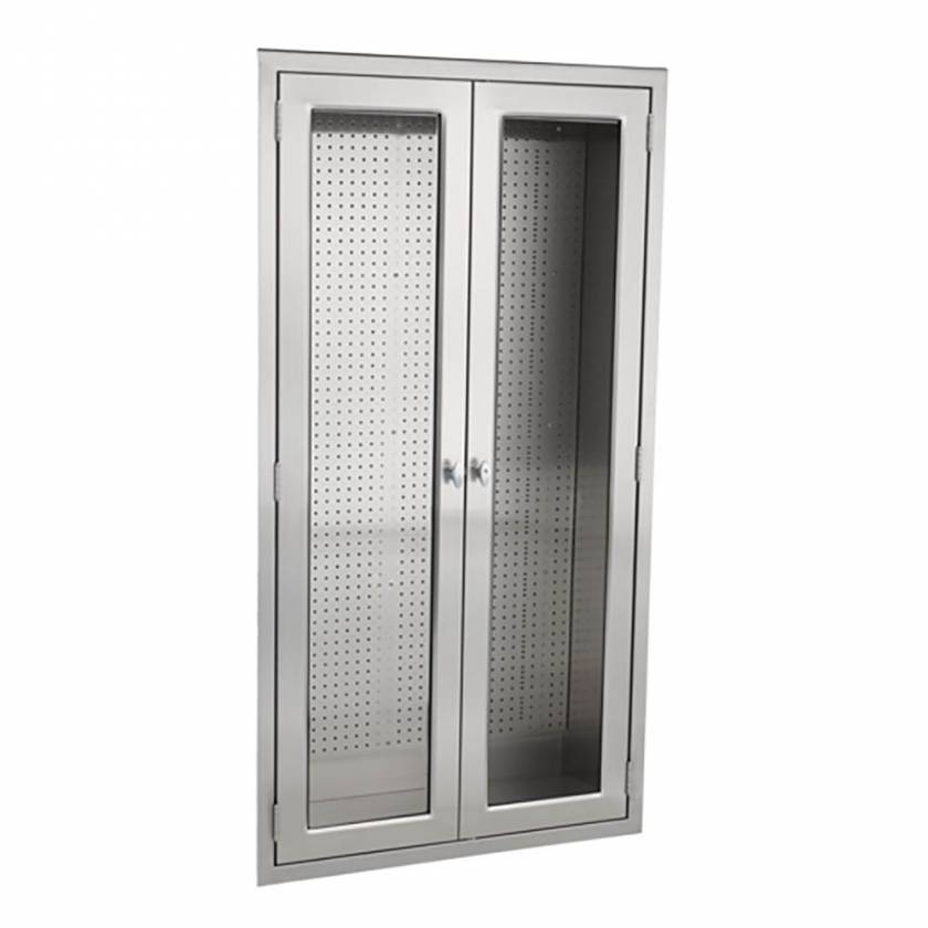 The image shows a Blickman Table Accessories Cabinet with Glass Doors - 35" W x 60" H x 18" D. This product will come with solid stainless steel doors.