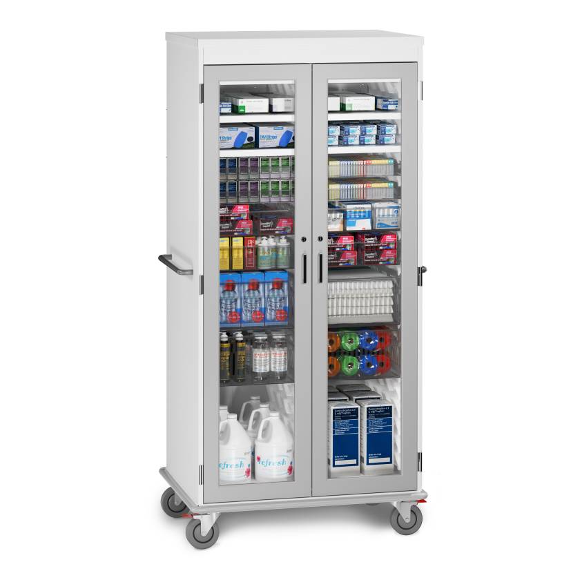 Universal Medical Inc. S104877 Double Wide Two Columns Tall Storage Cart with Glass Door, Key Lock, Preconfigured with Accessories - With Items (The Items in the Photo are Not Included)