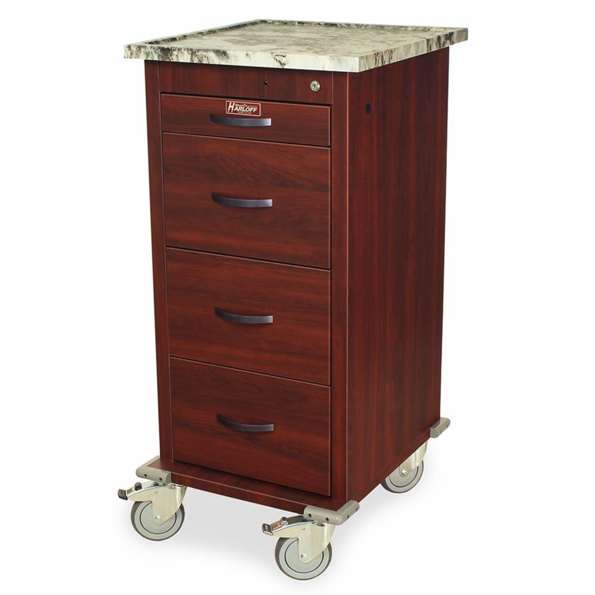 Harloff WV240PC-CM Wood Vinyl 240 Punch Card Medication Cart with Key Lock, Locking Narcotics Box, Cherry Mahogany Cabinet Finish. Shown with Light Top option.