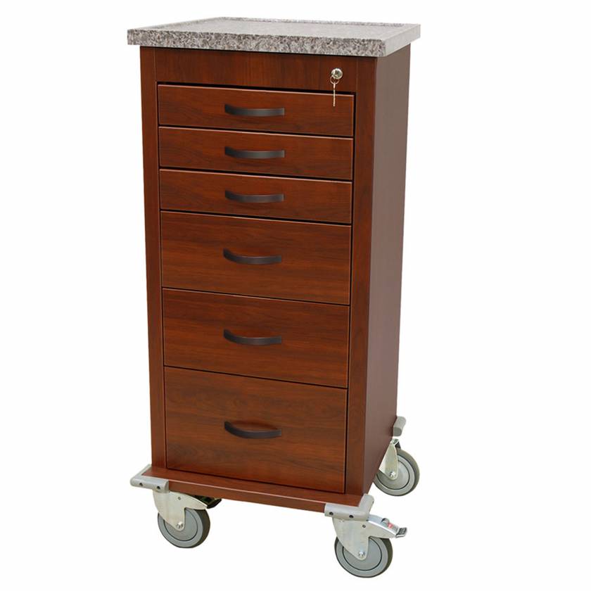 Harloff WV3256K-CM Wood Vinyl Aluminum Mini Width Tall Anesthesia Cart Six Drawer with Key Lock, Cherry Mahogany Finish Cabinet.