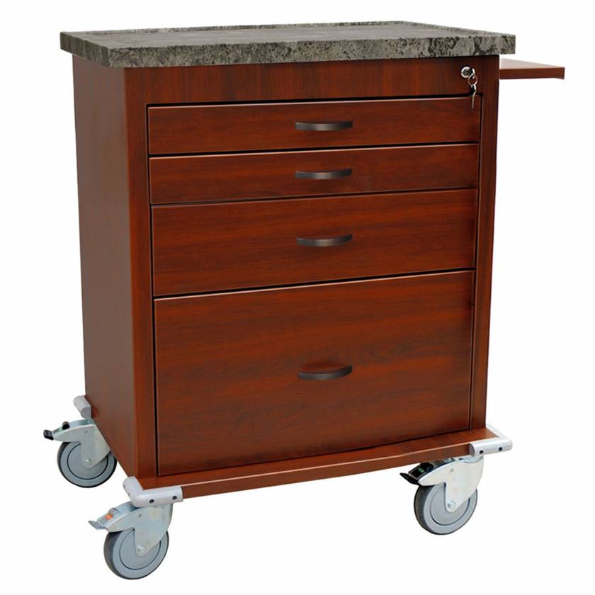 Harloff WV6350-CM Wood Vinyl Aluminum Short Treatment Cart, Four Drawer, Key Lock, Cherry Mahogany Finish Cabinet
