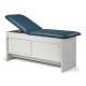Clinton 91040 Series Panel Leg Treatment Table with Sliding Door - Slate Blue Upholstery and Gray Laminate