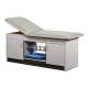 Clinton Cabinet Style Treatment Table with Two Closed Door and Open Center Shelf - Country Mist Upholstery and Gray Laminate (The Items in the Cabinets are Not Included.)