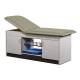 Clinton Cabinet Style Treatment Table with Two Closed Door and Open Center Shelf - Warm Gray Upholstery and Gray Laminate (The Items in the Cabinets are Not Included.)