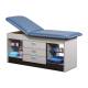 Clinton 98013 Series Cabinet Style Treatment Table with Two Open Storage and Center Drawers - Wedgewood Upholstery and Gray Laminate (The Items in the Cabinets are Not Included.)