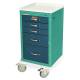 Harloff A-Series Lightweight Aluminum Mini Width Short Anesthesia Cart Five Drawers with Key Lock.
Color shown with Teal body and Hammertone Blue drawers.