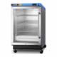 Accucold PTHC65GLHD Blanket Warmer with Stainless Steel Exterior, 3 Chrome Shelves, Left Handle Door, 4.57 Cubic Feet - Angled Side View with Dolly (Dolly is Sold Separately)