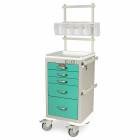 Harloff A-Series Lightweight Aluminum Mini Width Short Anesthesia Cart Five Drawers with Basic Electronic Pushbutton Lock, MD18-ANS Package.
Color shown with Light Gray body and Teal drawers.