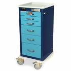 Harloff MPA1830ELP06 A-Series Lightweight Aluminum Mini Width Tall Anesthesia Cart Six Drawers with Electronic Keypad Lock and Proximity Reader.
Color shown in Navy body with Light Blue Drawers.